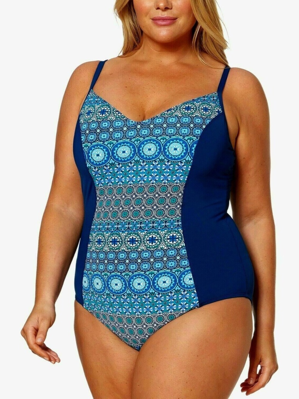 Bleu Rod Beattie One Piece Swimsuit Womens 18W Blue Print Padded Underwire